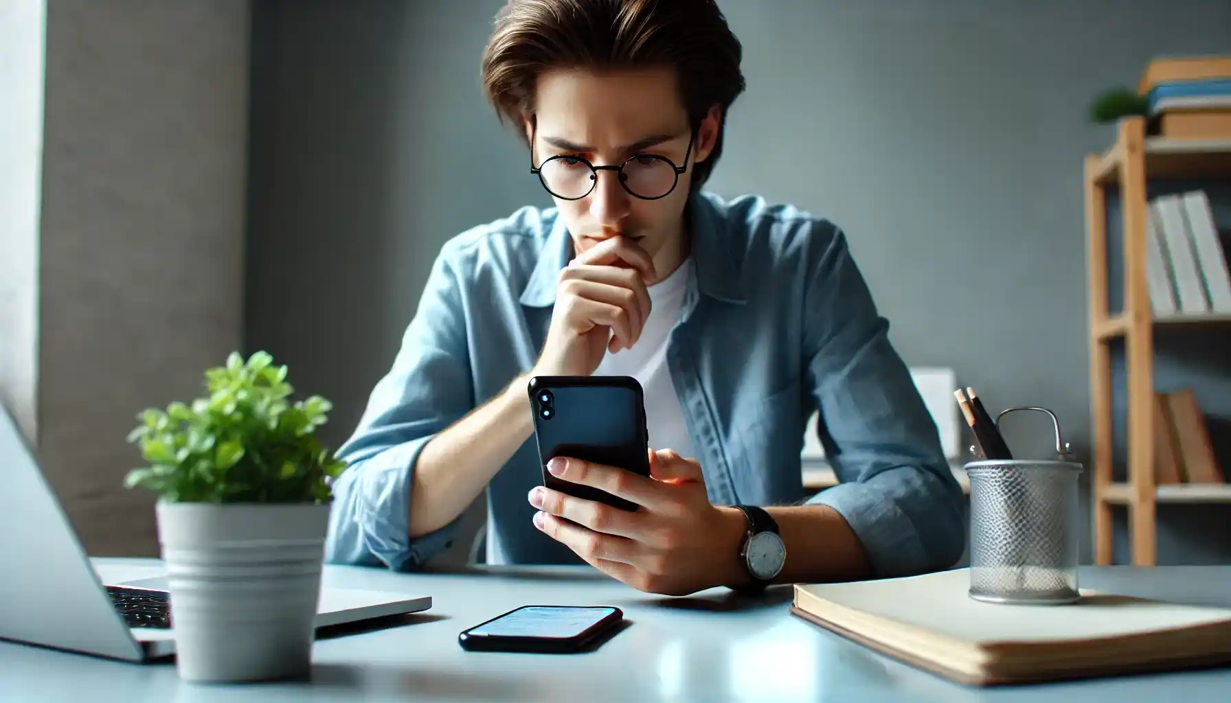 A person is sitting at a desk, noticing strange behavior on their smartphone, such as ghost notifications and unexpected app activity.