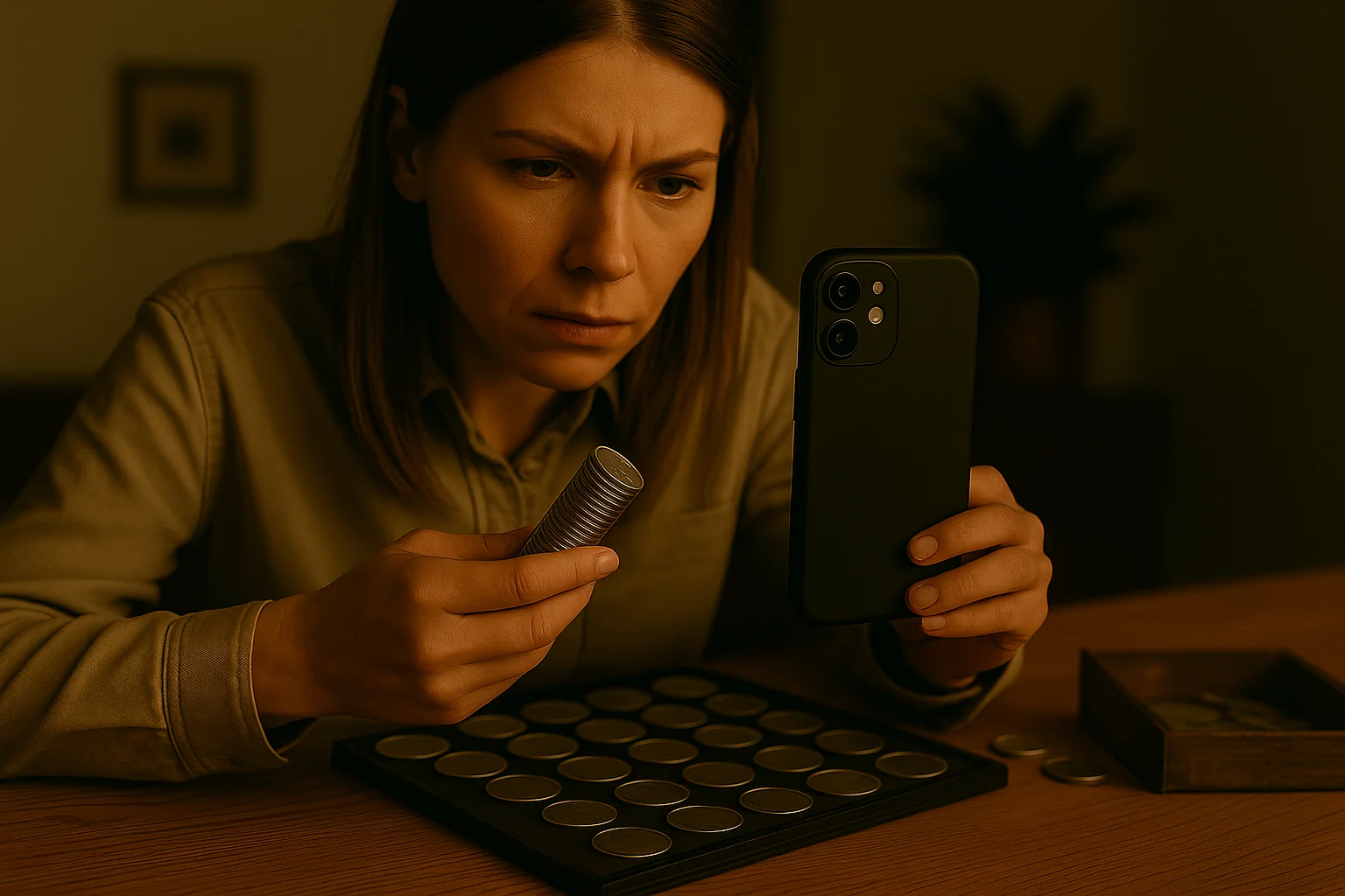 A female collector examines a roll of coins, including 1980 dime while using her phone to identify valuable pieces.