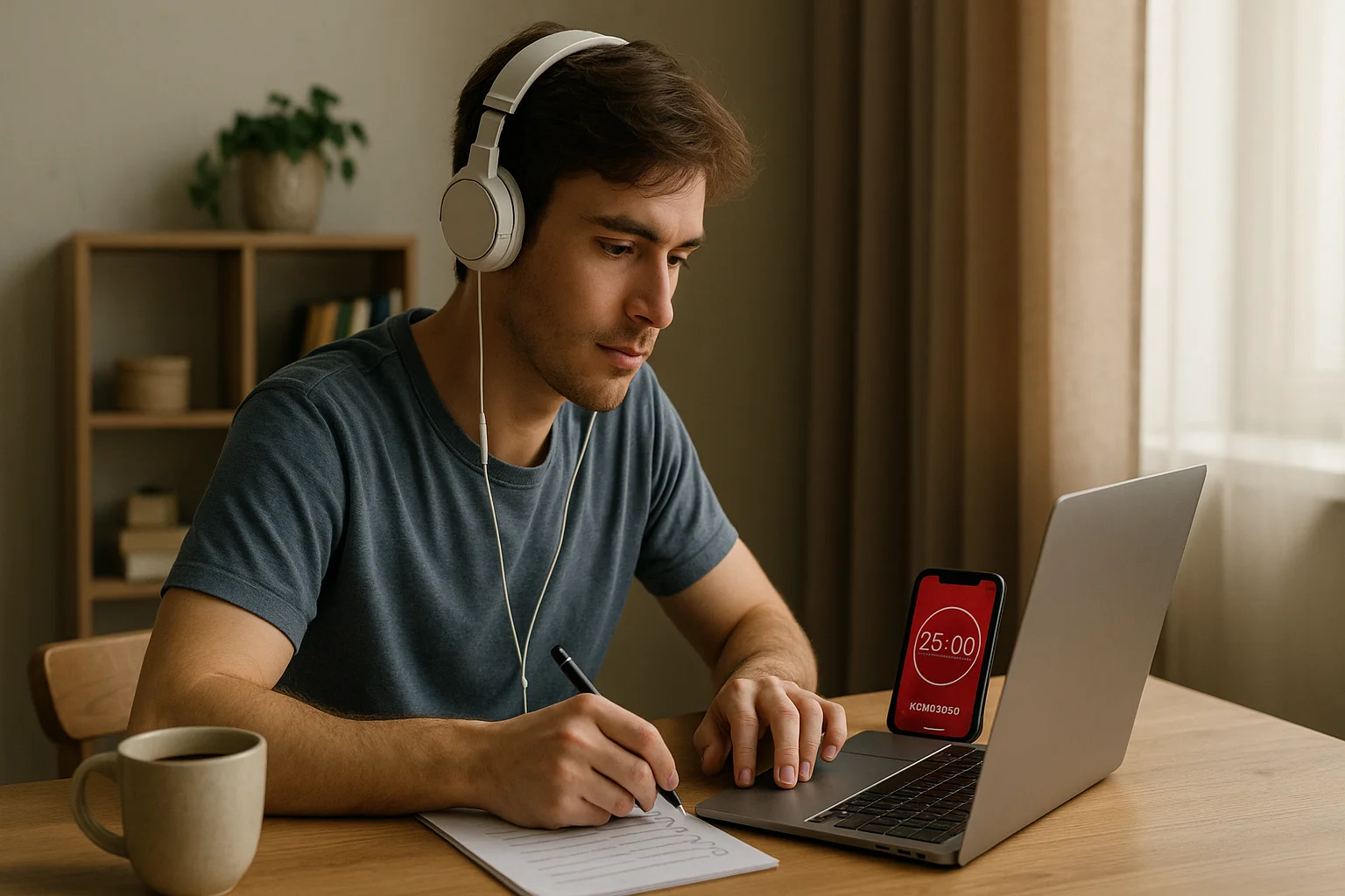A young man wearing headphones works on his laptop with a Pomodoro timer running on his phone next to him.