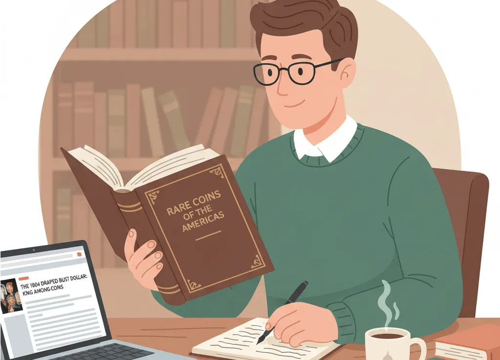 a man takes notes while reading a numismatics book