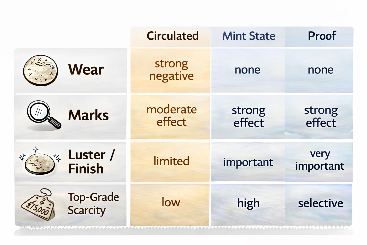 1985 Kennedy half dollar value factors chart for circulated, Mint State, and proof coins.